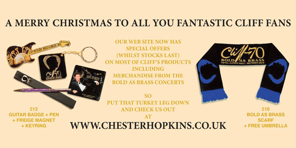 Special offers on Cliff's products from Chester Hopkins including merchandise from the Bold As Brass concerts! Badges, Pens, Fridge Magnets, Keyrings, Scarves, Umbrellas
