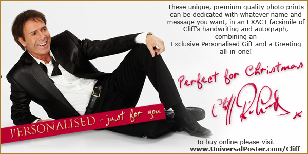 These unique premium quality photo prints can be dedicated with whatever name and message you want in an exact facsimilie of Cliff's handwriting and autograph combining an Exclusive Personalised Gift and a Greeting all in one.